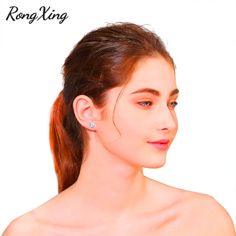 RongXing серебряные белые циркониевые круглые серьги гвоздики для женщин Свадебные