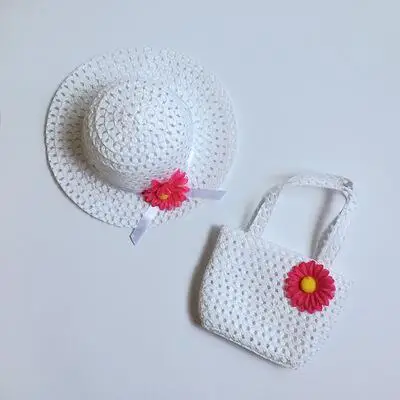 white Пляжная шляпа и сумка для девочек, соломенная шляпа с цветком, шляпа, сумка-тоут, сумка, костюм, детская летняя Солнцезащитная шляпа 52 см для 3-7 лет, 9 цветов - Цвет: white