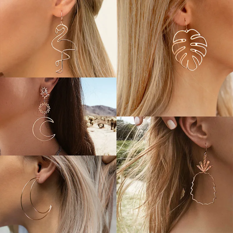 

Creative Western Hollow Funny Moon&Star&Pineapple&Flamingo Earring Silver Color Earring Women Girls Party Dangle Earring Jewelry