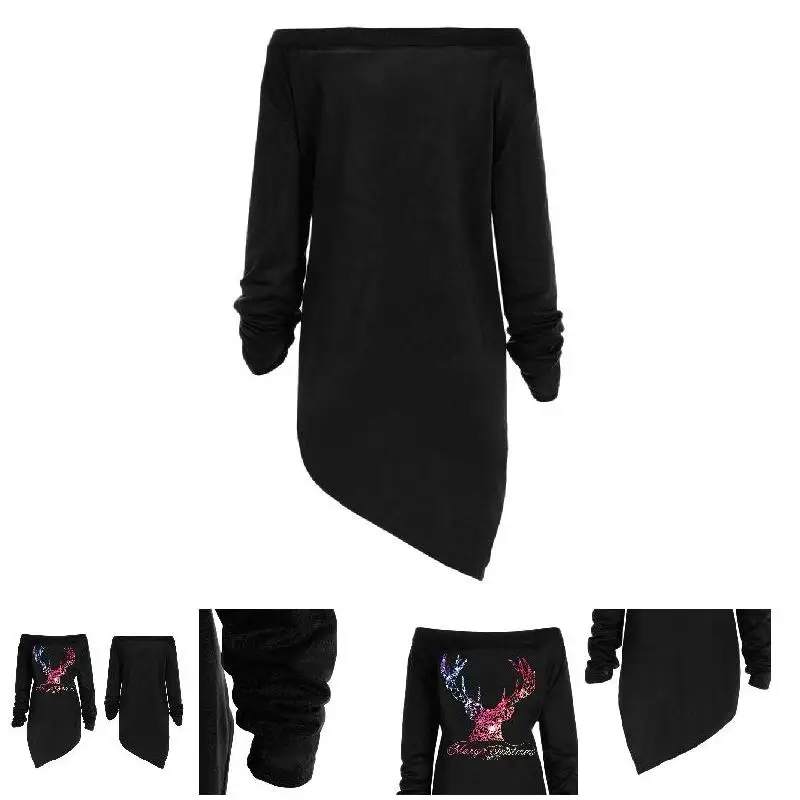 Новинка 2018 футболка топ с принтом оленя длинный рукав вырез лодочкой модная для