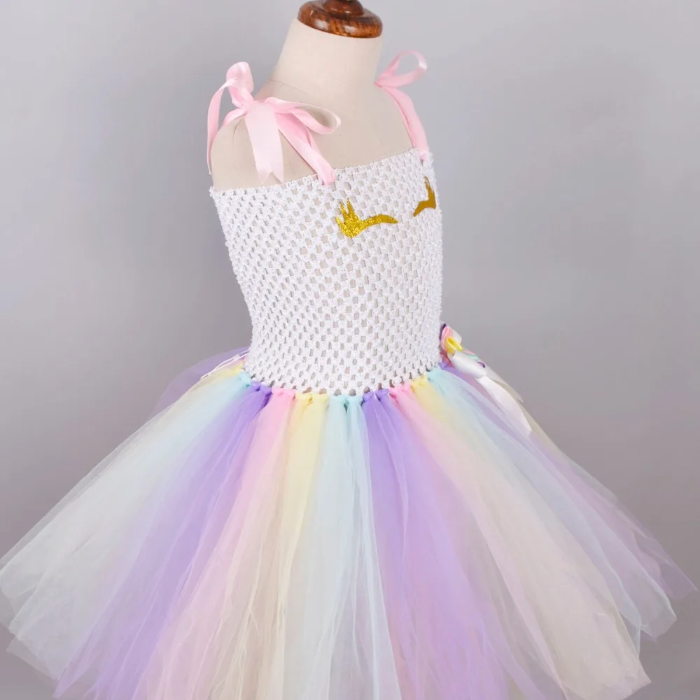 

New Unicorn Tutu Dress Pastel Rainbow Princess Dresses Girls Birthday Party Dress Kids Halloween Unicorn Costume 1-12Y