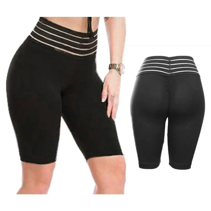 

Women High Waist Striped Tummy Control Skinny Sport Shorts Lady 2019 Solid Color Ruched Butt Lift Biker Shorts Fitness