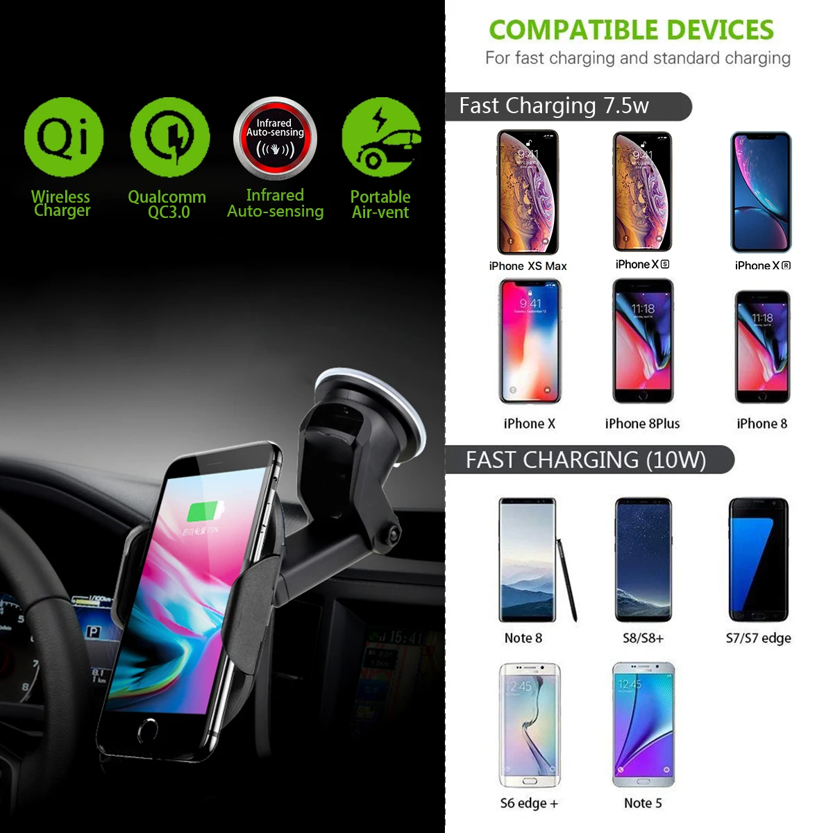 QI Беспроводное зарядное устройство автомобильное крепление для iPhone X XS Max 8 Plus
