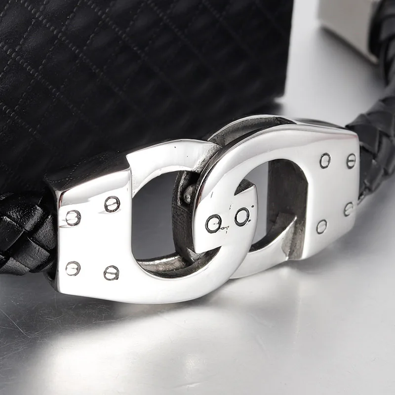 Нержавеющая сталь наручники браслет pulsera cuero hombre ручной работы Плетеные Черный Кожаный Браслет erkek bileklik jewellery
