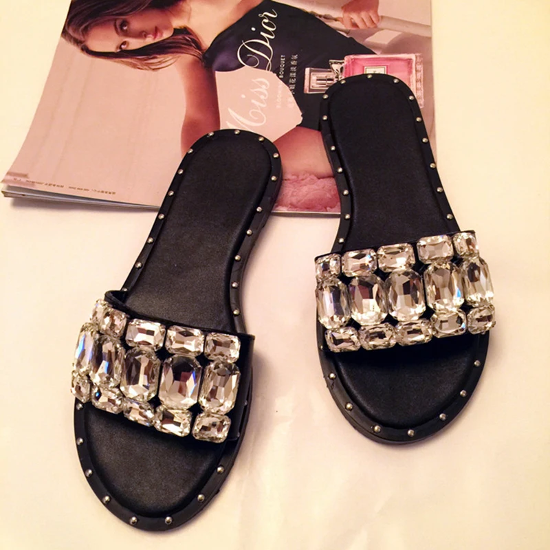 Новая Мода blingbling большие хрустальные Летние женские тапочки из натуральной кожи