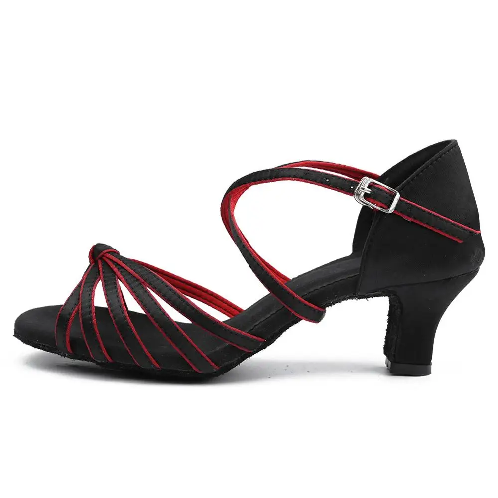 Black-red Бежевый коричневый, черный сатин с узлом; Каблук 5 см; Туфли для латинских танцев женщина Latine Femme Zapatos Сальса обувь Zapatos WZJ - Цвет: Black-red