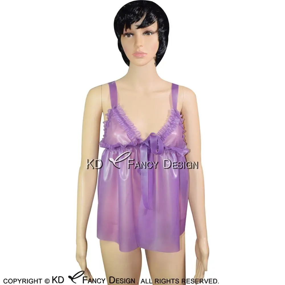 

Transparent Purple With Ruffles Lacing Front Sexy Latex Pajamas Rubber Nightgown Top YF-0116