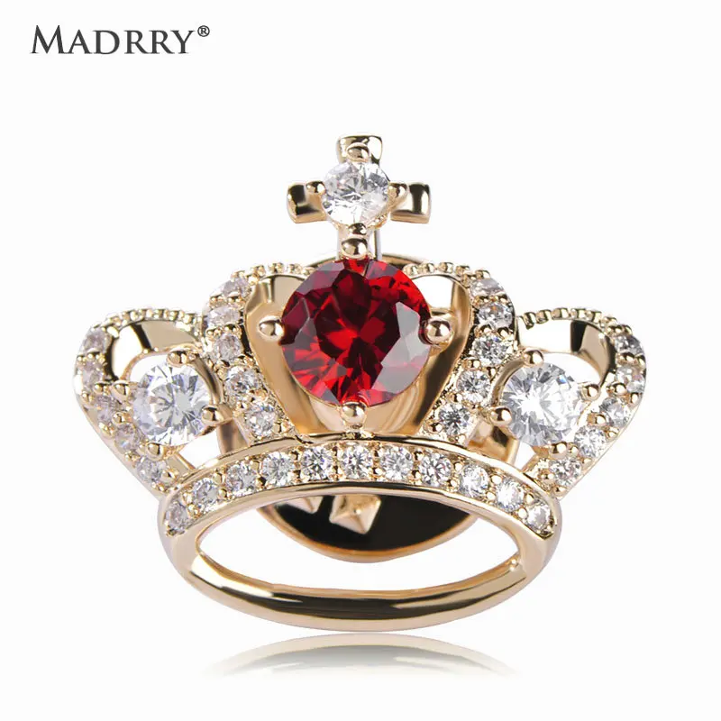 

Madrry New Design Crown Brooches For Women Sweater Collar Clips Red Zirconia Gold-color Copper Broches Hijab Pins Wedding Bijoux