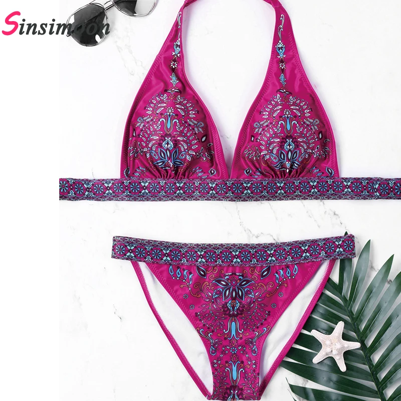 Sexy Women's Ethnic Style Floral Print Bandage Belt Bikini Push-up Padded Bra Vintage Swimsuit Bathing Suit Swimwear Beachwear |