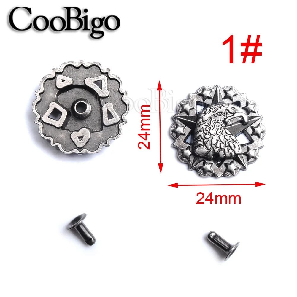 10sets Pewter Studs Rivet Spikes DIY Leather Craft Bracelet Punk Rock Garment Shoe Bag Pets Collar Parts Flower Shield eagle - Color: 1
