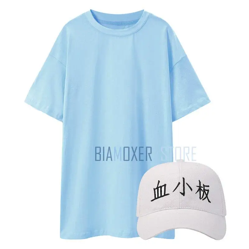Biamoxer Cells At Work Platelet T-shirt Cap Bag Set Outfit Blue Top White hat Yellow Shoulder Bags Cosplay Costume Custom Made |