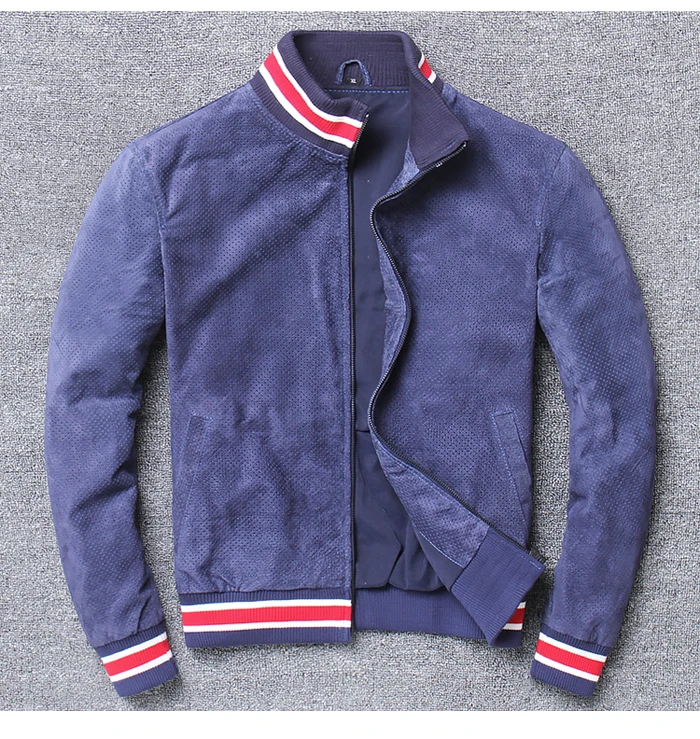 Мужская приталенная куртка из натуральной овечьей кожи синяя или красная