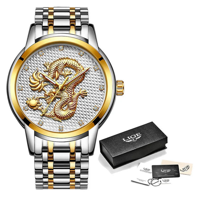 Gold white S Relogio masculino, оригинальные мужские часы LIGE s, Лидирующий бренд, Роскошные Кварцевые часы с золотым Драконом и скульптурой, мужские полностью Стальные наручные часы+ коробка - Цвет: Gold white S