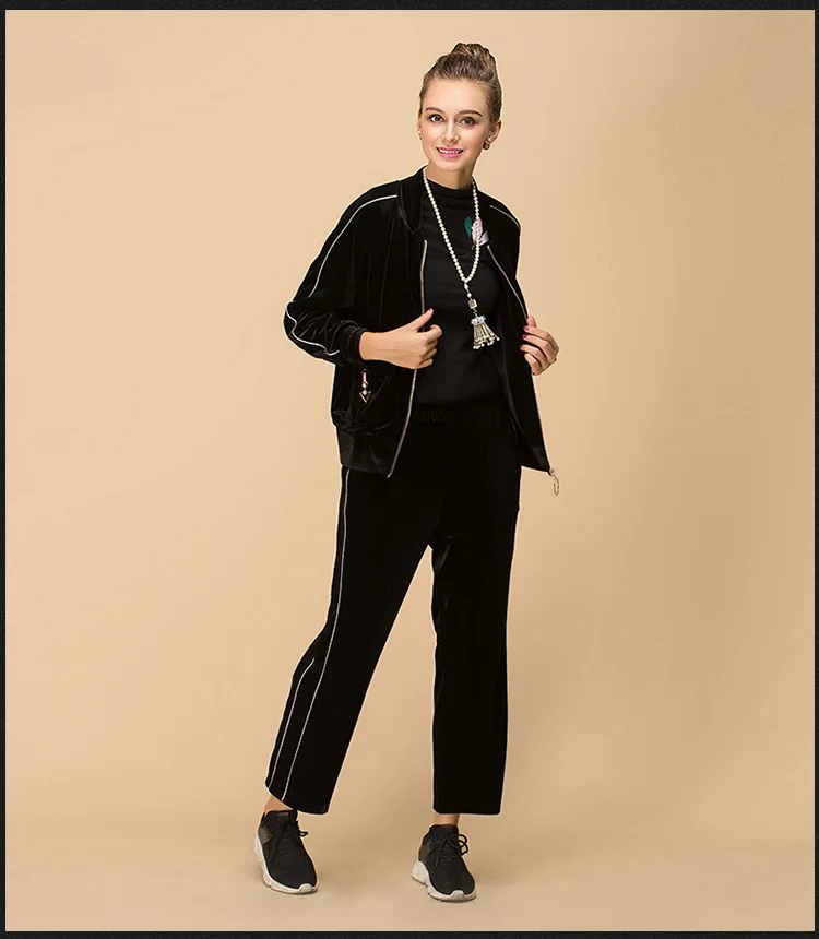 L~ 3XL 4XL роскошный зимний женский бархатный брючный костюм куртка на молнии с длинным рукавом модный велюровый брючный костюм для дам AOFULI B6399