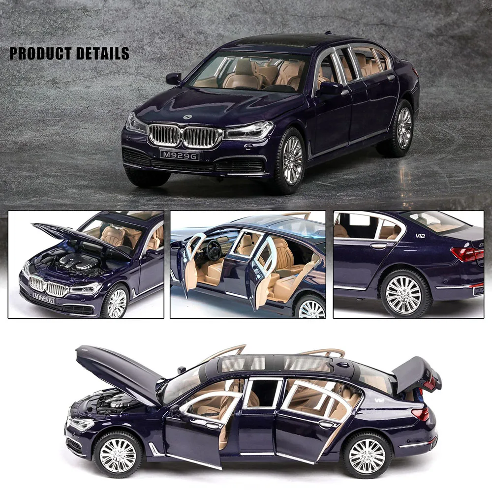 Diecast 1/24 Extend 760LI Model Simulation Metal Car Alloy Cars Lights Sound Vehicles Pull Back Toys Gifts For Kids Children