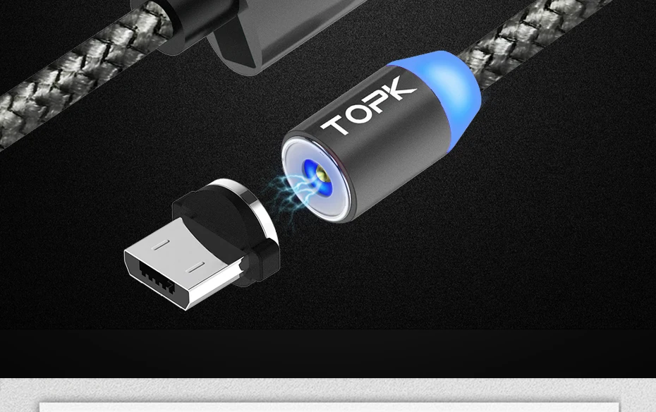 TOPK AM17 2 м светодиодный магнитный USB кабель для iPhone Xs Max Micro usb type C кабель samsung Плетеный телефонный кабель Магнитный зарядный провод