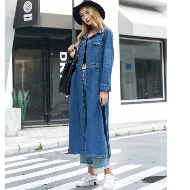 Женский джинсовый Тренч с высоким разрезом повседневное однобортное пальто из