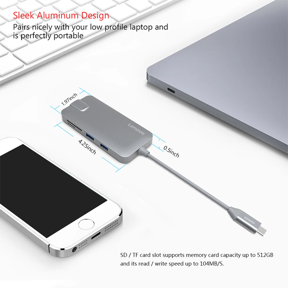 Lenovo USB C Hub usb-хаб 3,0-гигабитный Ethernet тип-c-RJ-45 4K HD адаптеры-конвертеры кабель SD/TF кард-ридер для ПК