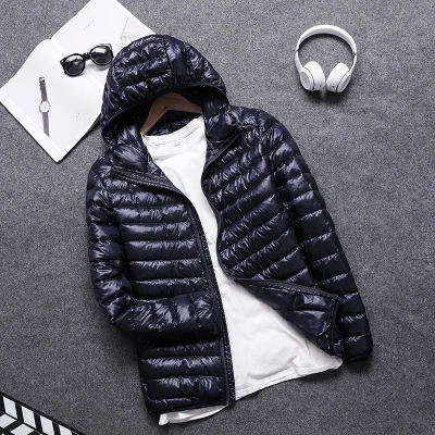 hooded navy Однотонная мужская пуховая куртка осень-зима мужская с капюшоном и стоячим воротником белое пуховое пальто Мужская тонкая легкая тонкая теплая верхняя одежда - Цвет: hooded navy