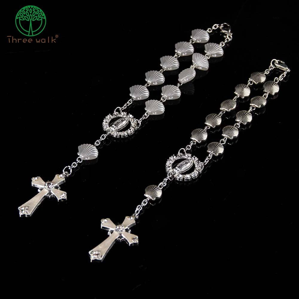 

1pc Vintage Catholic Metal Shell Rosary Bracelet Women Religious Jesus Crucifix Bracelet