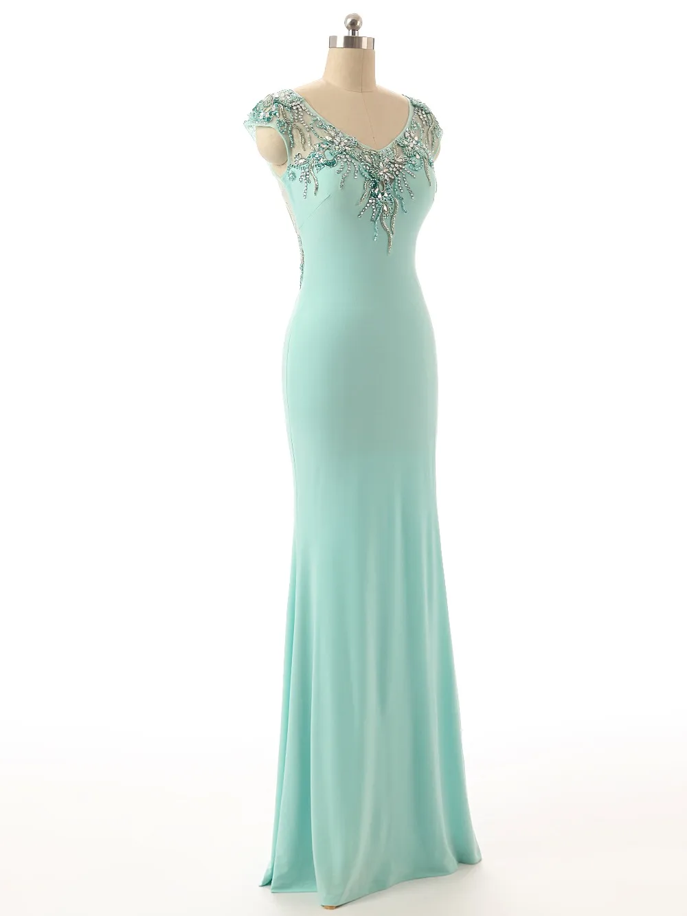 

Robe de soiree New Long Prom Dresses 2017 V-Neck Cap Sleeve Floor Length Mermaid Crystal Chiffon Evening Dress Party Dresses