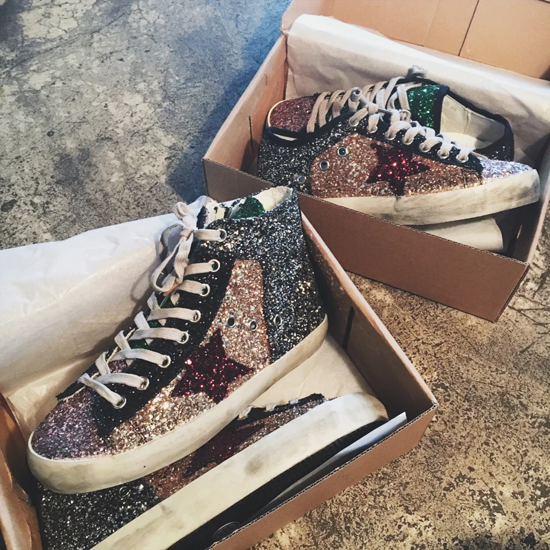 Women Casual Shoes Genuine Leather Do Old Dirty High Top Sneakers Mixed Color Sequins Fashion Golden Superstar | Обувь