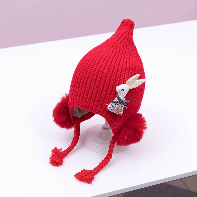 style 1 red Милая шапочка для малыша с героями мультфильма, Теплая Зимняя Вязаная Шапка-бини для девочек и мальчиков с помпоном, защищающая уши, шапка в форме кролика, детская шапка - Цвет: style 1 red