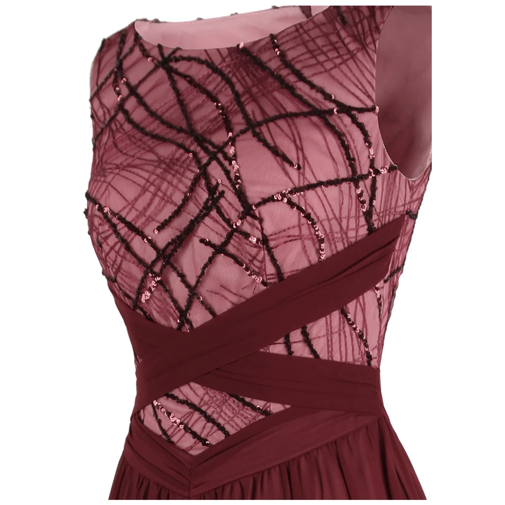 Angel-fashions женские длинные гофрированные шифоновые платья трапециевидной формы с круглым вырезом, пайетками и перекрещивающимися крест-накрест, винно-красные J-190523-S