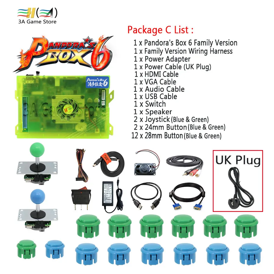 C set - UK plug Pandora box 6 1300 в 1 семейная версия джойстик кнопка и жгут проводов DIY аркадный контроллер аксессуары usb HDMI VGA выход - Color: C set - UK plug