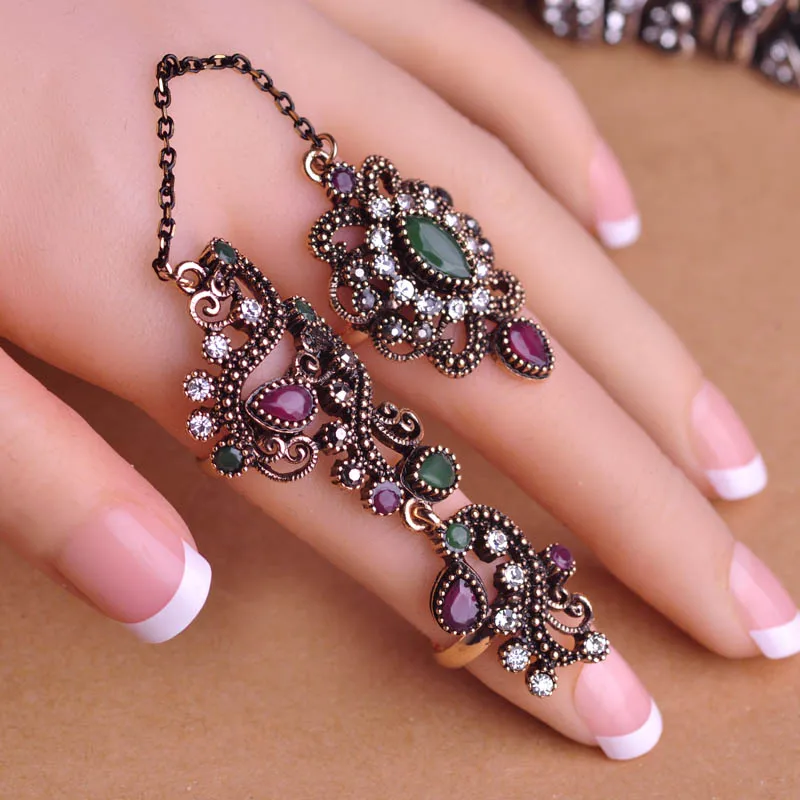 Blucome Adjustable Turkish Two Finger Rings for Women, Red Resin Hollow Out Flower Vintage Jewelry, Party Accessories image 5