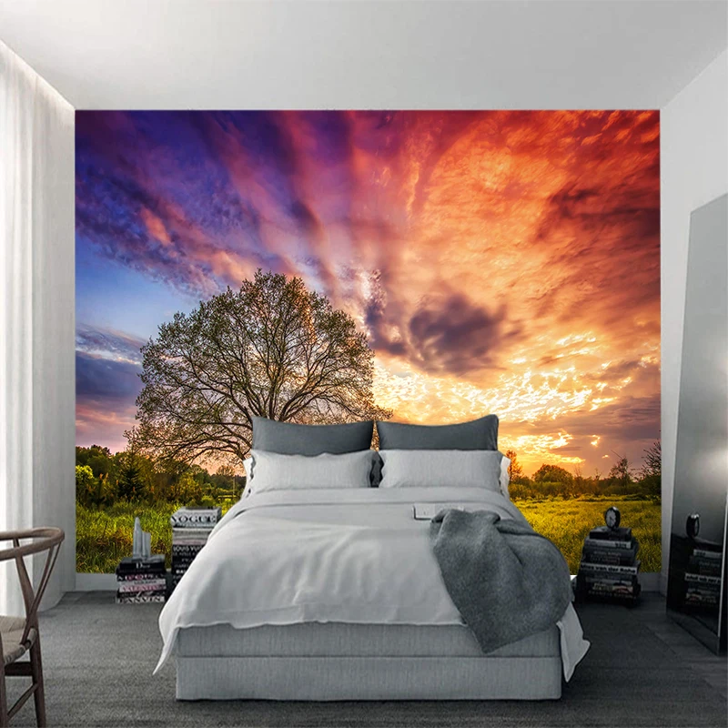 Custom any size wall mural wallpapers Modern fashion Sunset Big tree Grassland Wallpaper Wall Sticker YBZ079 | Дом и сад