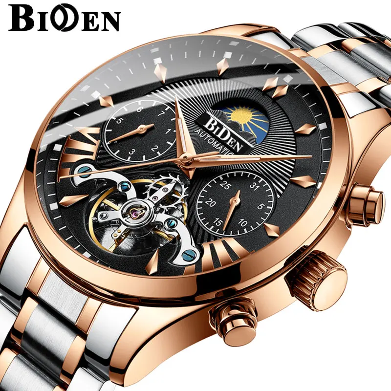 Мужские автоматические механические часы BIDEN спортивные Tourbillon повседневные