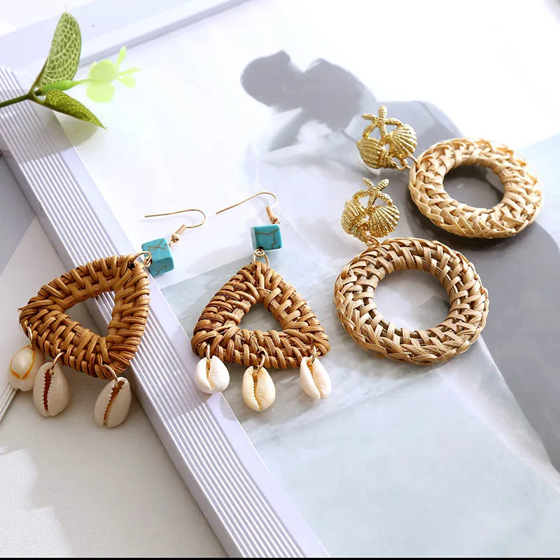 

Fashion Bohemian Handmade Wooden Straw Woven Vine Rattan Knit Drop Earrings For Women 2019 Boho Round Geometric Long Earring