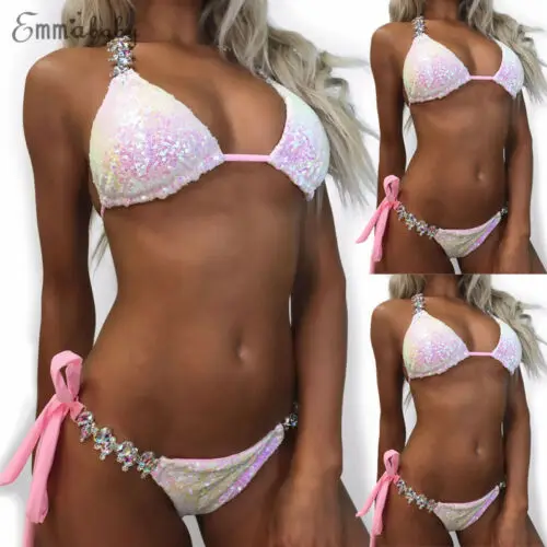 Новинка лета 2019 женские бикини Стразы с блестками комплект пуш-ап кристаллами и