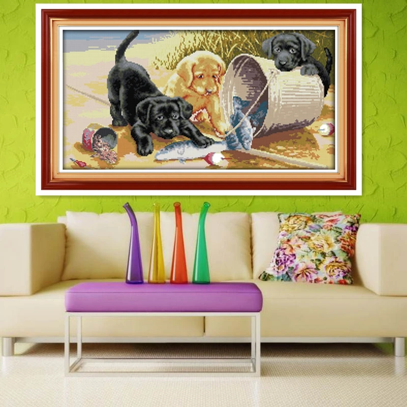 Набор для вышивки крестиком в китайском стиле с изображением трех собак 11CT 14CT на