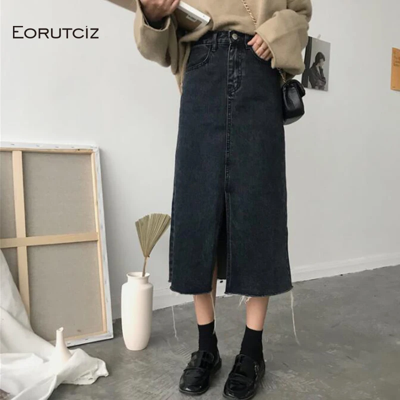 

Юбка EORUTCIZ женская джинсовая средней длины, элегантная повседневная элегантная винтажная черная, с завышенной талией, модель LM272 на весну-ле...