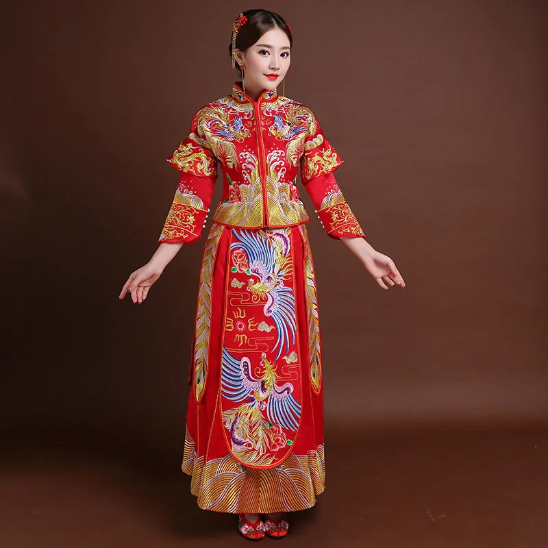 Женское традиционное свадебное платье Qipao красное невесты с вышивкой Феникса в