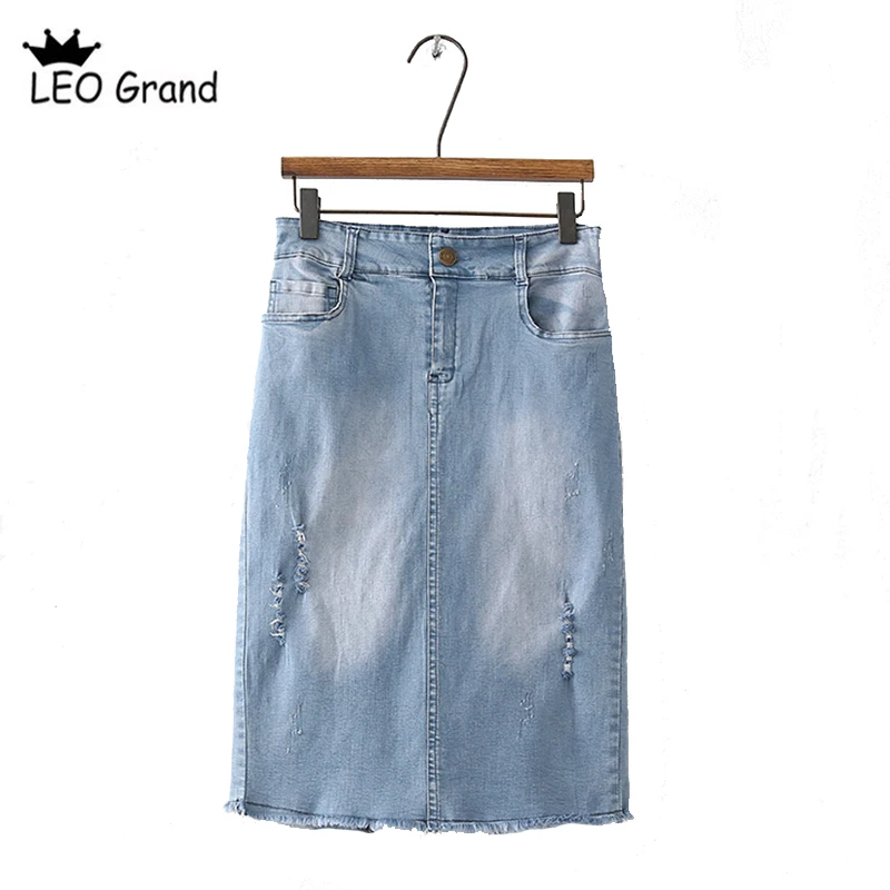 Leo Grand women fashion denim ripped skirts korean style slim split elastic fringe tassel faldas calf 908062 | Женская одежда