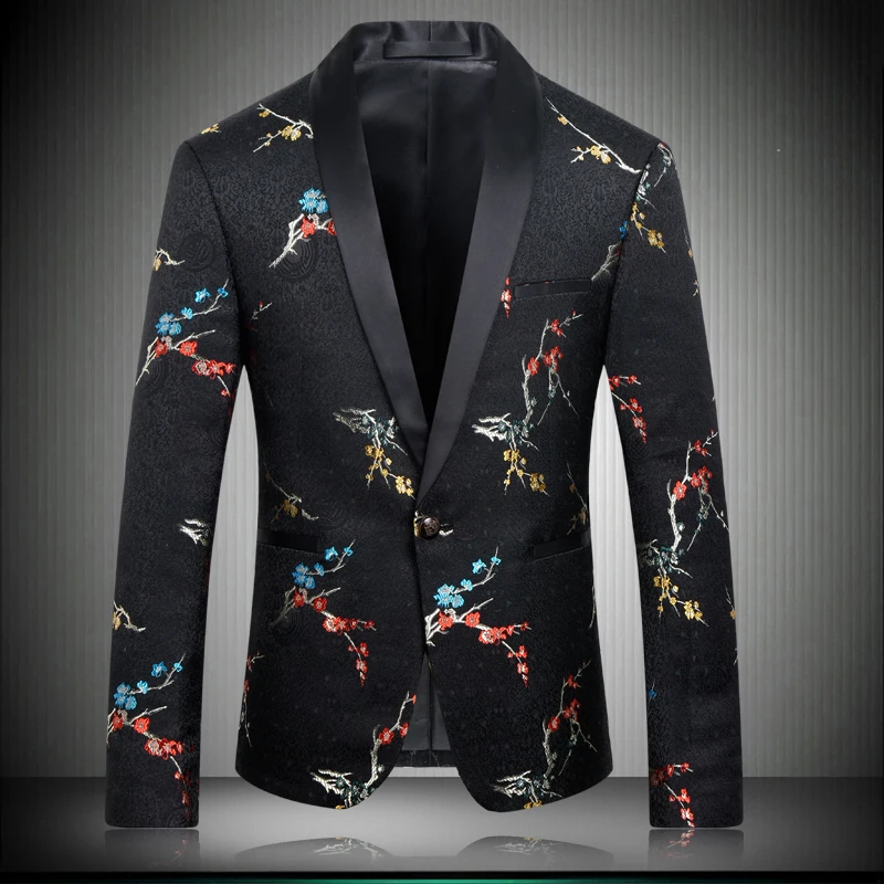 

New Arrival Men's Dress Blazers Slim Fit Top Quality Black Floral Print Blazer Men Korean Casual Wedding Jacket Summer Plus Size