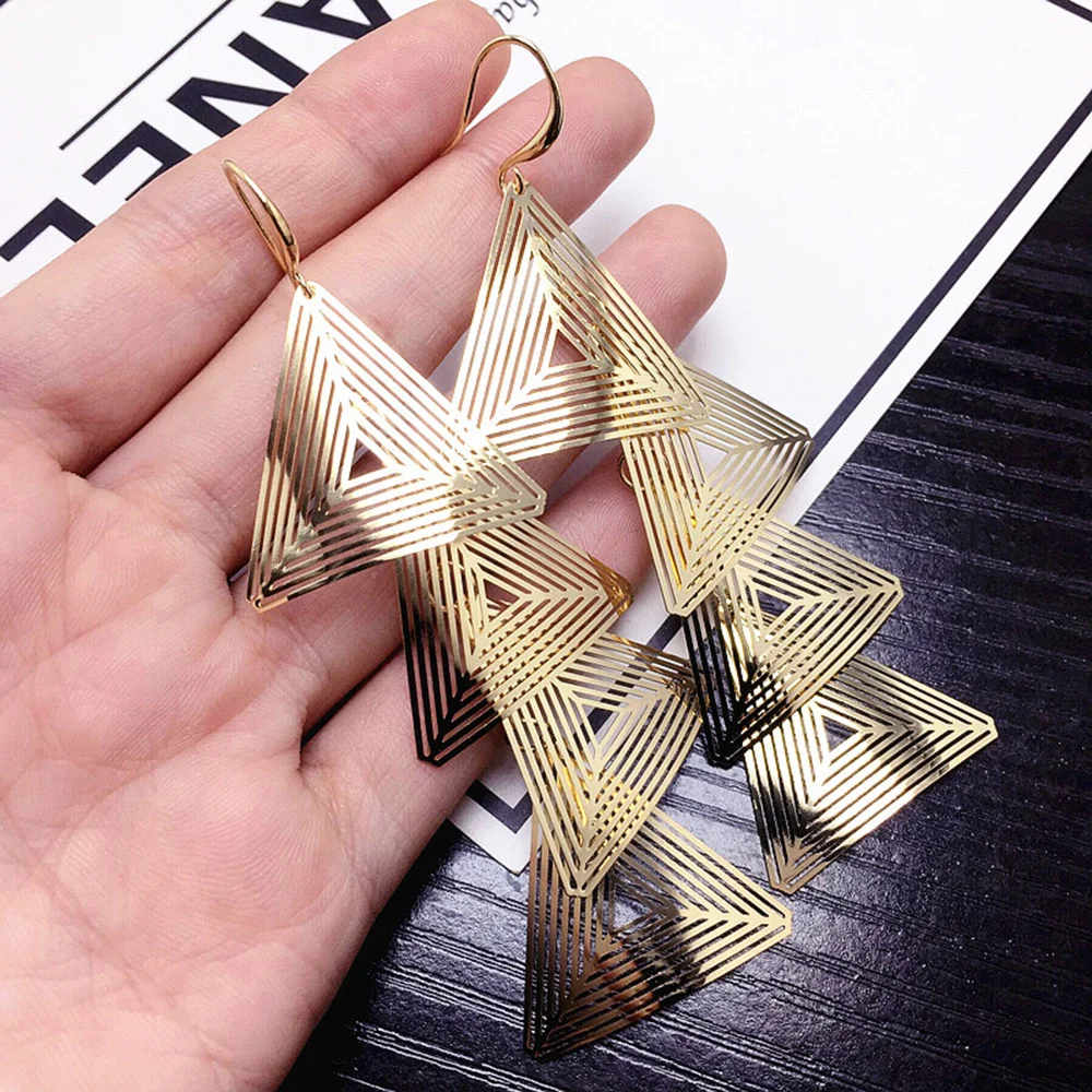 Women Dangle Long Earrings Hollow Triangle Geometric Pendant Fashion Jewelry Statement Club Party Accessories Cool Girl Brincos | Украшения