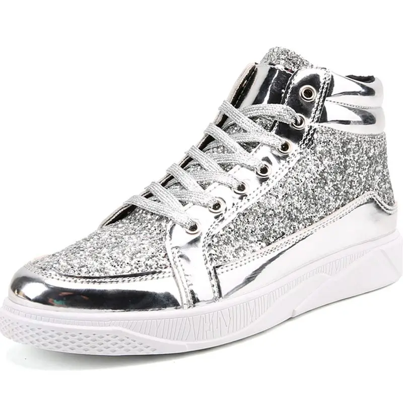 silver Спортивные мужские кроссовки из лакированной кожи, мужская спортивная обувь для бега, мужская спортивная обувь, блестящие черные A-069 Sepatu Pria - Цвет: silver