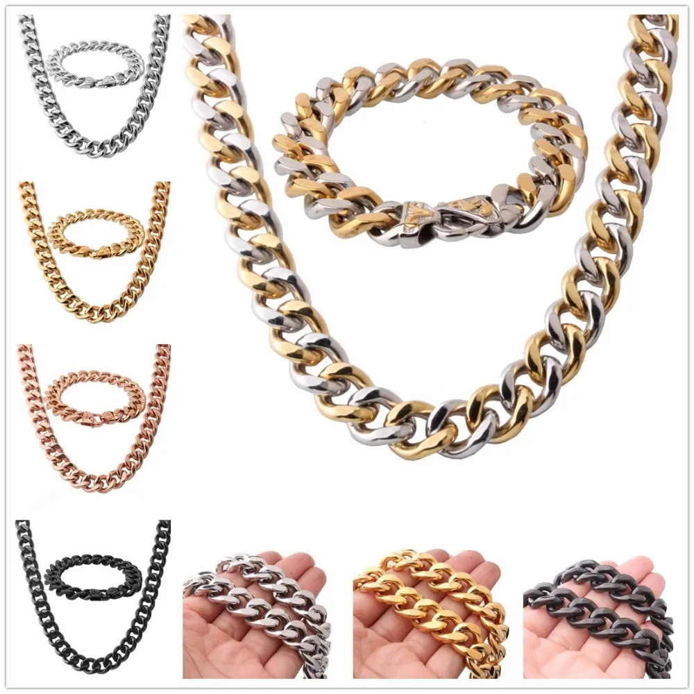 

12/15MM Hot Silver Color/Gold/Black Stainless Steel Cuban Curb Link Chain Men's Necklace 24"Bracelet 8.66" Unisex's Jewelry Sets