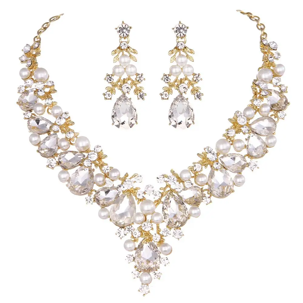 

Delicate Simulated Pearl Necklace Earring For Brides Wedding Party Dress Jewelry Sets Women Festival rhinestone Jewlery Gift