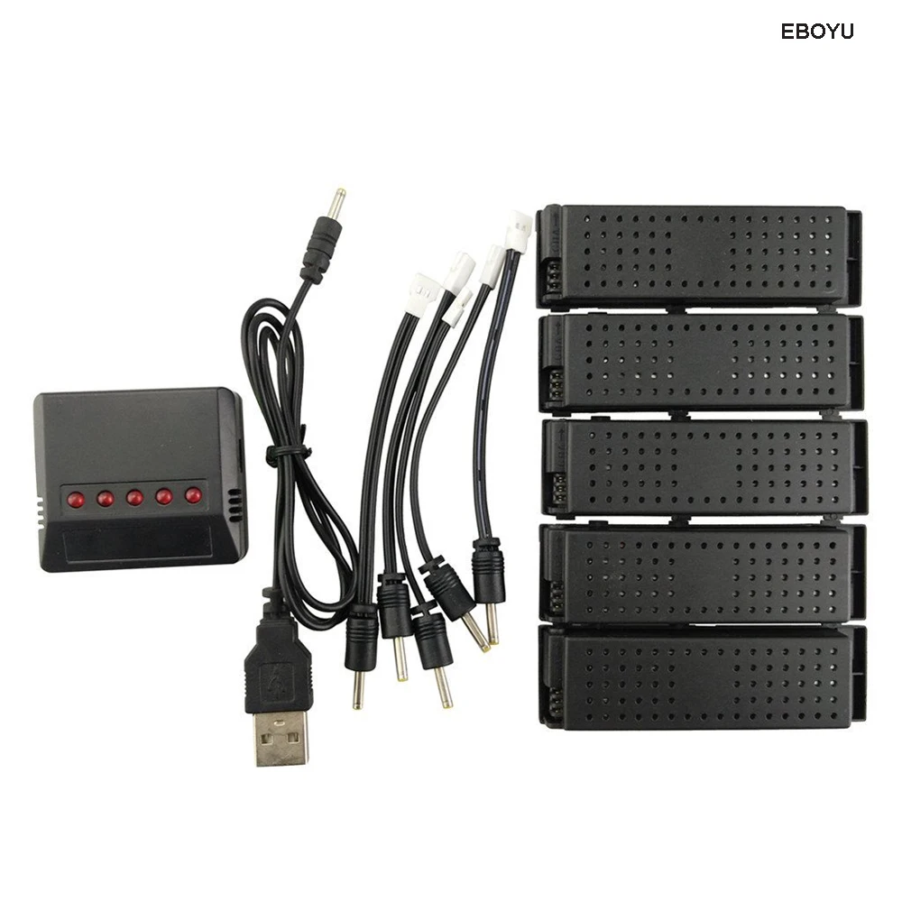 EBOYU 5pcs * 3.7V 500mAh Lipo Battery + USB 5 In 1 Charger for H47WH T47 HS160 E56 F188WH F188W H818 RC Quadcopter Drone | Игрушки и