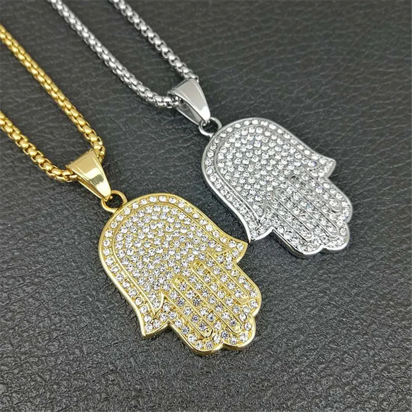 

Hip Hop Iced Out Full Rhinestone Hamsa Hand Of Fatima Necklaces Pendants For Women/Men Jewelry Gold Color Stainless Steel Chain