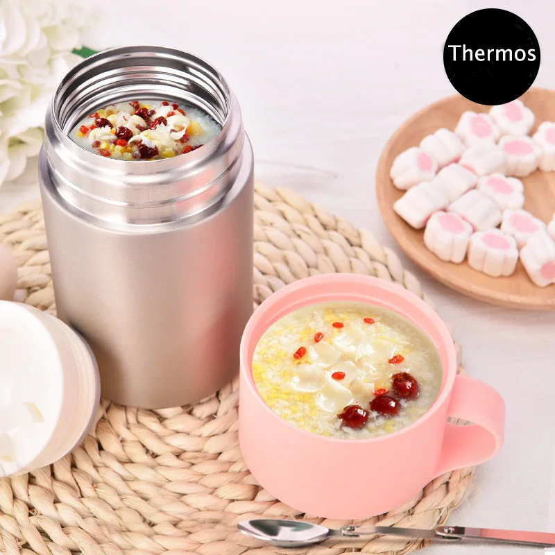 600ml stainless steel thermos food container inox folden spoon termos kid flask lunch box bento thermo outdoor insulate jar | Дом и сад