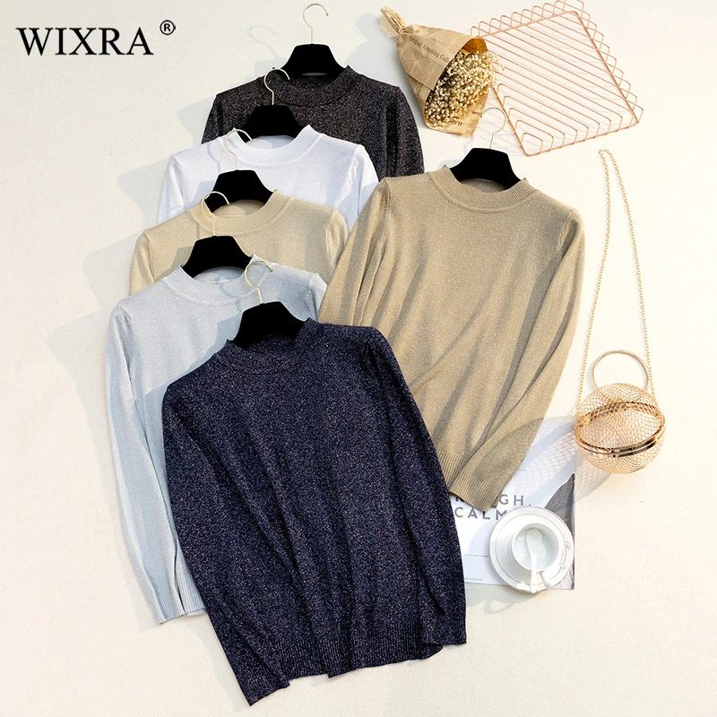 Wixra Winter Spring O Neck Sweater Women Pullover Knit Slim Shiny Basic Sweaters Womens Solid Jumpers For | Женская одежда