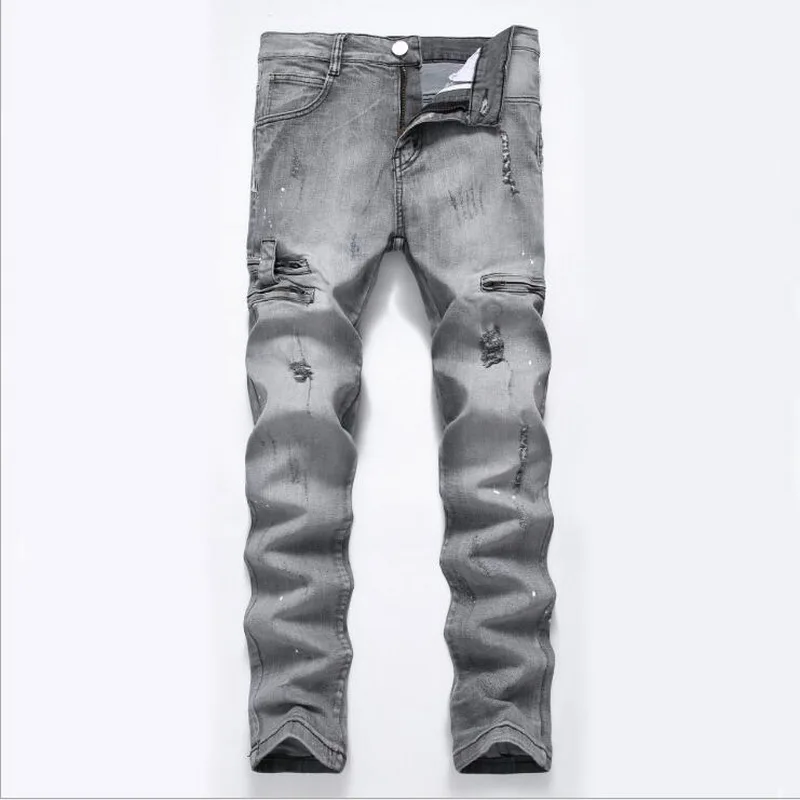 Fashion Ripped Jeans Men Patchwork Hollow Out Printed Beggar Cropped Pants Man Cowboys Denim Pants Male Jeans
