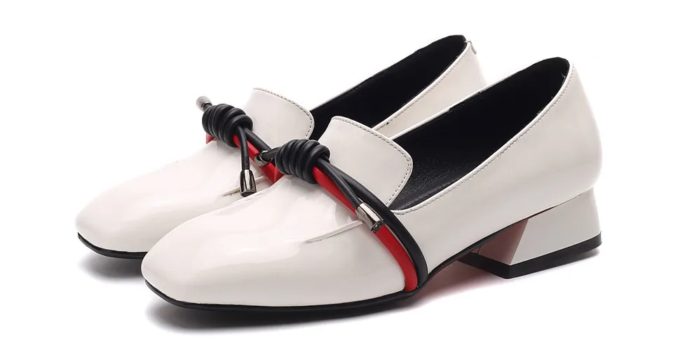 British Women Loafers Red Patent Leather Square Toe Rope Bowtie Flats Slip-on Low Block Heel Mocassins Ladies Smoking Shoes