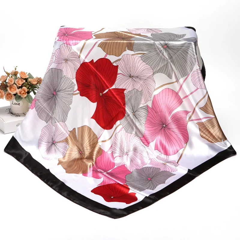 

Women Printed Handle Bag Head Multifunction Handkerchief Hijab Wrap Square Satin Bandana Silk Foulard Femme Leaf Scarf
